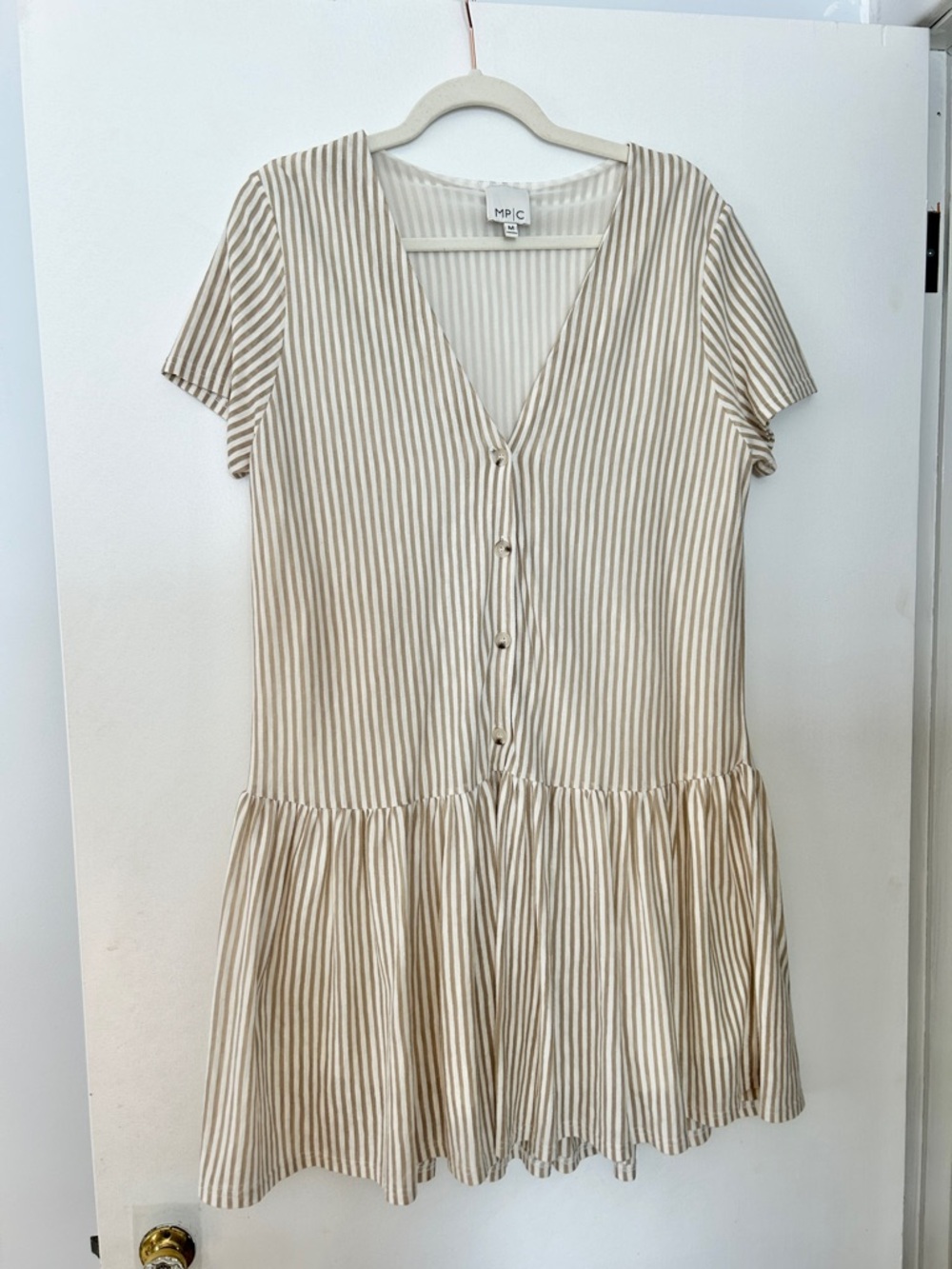 MP|C Neutral Striped‎ Ruffle Dress Size Medium Short Sleeve Casual Dropped Waist
